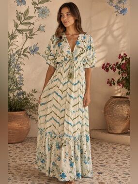 Boho White Maxi Dress with Gold Sequin Embellishments and Blue & Olive Accents